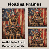 German Shepherd Mother and Puppies in Matching Patriotic Hats with Rustic American Flag Background on Ready to Hang 1.5" Thick Canvas Wrap, Floating Framed Canvas, Flat Rolled Canvas