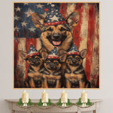 German Shepherd Mother and Puppies in Matching Patriotic Hats with Rustic American Flag Background on Ready to Hang 1.5" Thick Canvas Wrap, Floating Framed Canvas, Flat Rolled Canvas