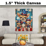 Chihuahua Mom and Puppies in Star-Spangled Outfits and Party Hats with Festive Blue and Red Background on Ready to Hang 1.5" Thick Canvas Wrap, Floating Framed Canvas, Flat Rolled Canvas