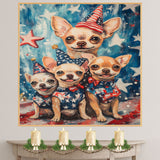Patriotic Chihuahua Mom and Puppies with Bowties and Top Hats Against Starry American Flag Background on Ready to Hang 1.5" Thick Canvas Wrap, Floating Framed Canvas, Flat Rolled Canvas