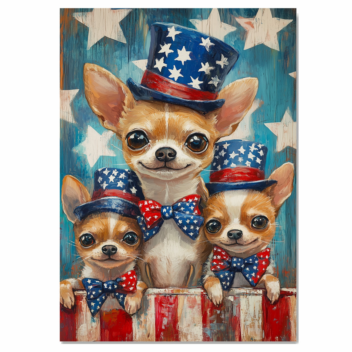 Chihuahua Mom and Puppies in Star-Spangled Outfits and Party Hats with Festive Blue and Red Background on Ready to Hang 1.5" Thick Canvas Wrap, Floating Framed Canvas, Flat Rolled Canvas