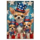Chihuahua Mom and Puppies in Star-Spangled Outfits and Party Hats with Festive Blue and Red Background on Ready to Hang 1.5" Thick Canvas Wrap, Floating Framed Canvas, Flat Rolled Canvas