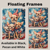 Patriotic Chihuahua Mom and Puppies with Bowties and Top Hats Against Starry American Flag Background on Ready to Hang 1.5" Thick Canvas Wrap, Floating Framed Canvas, Flat Rolled Canvas