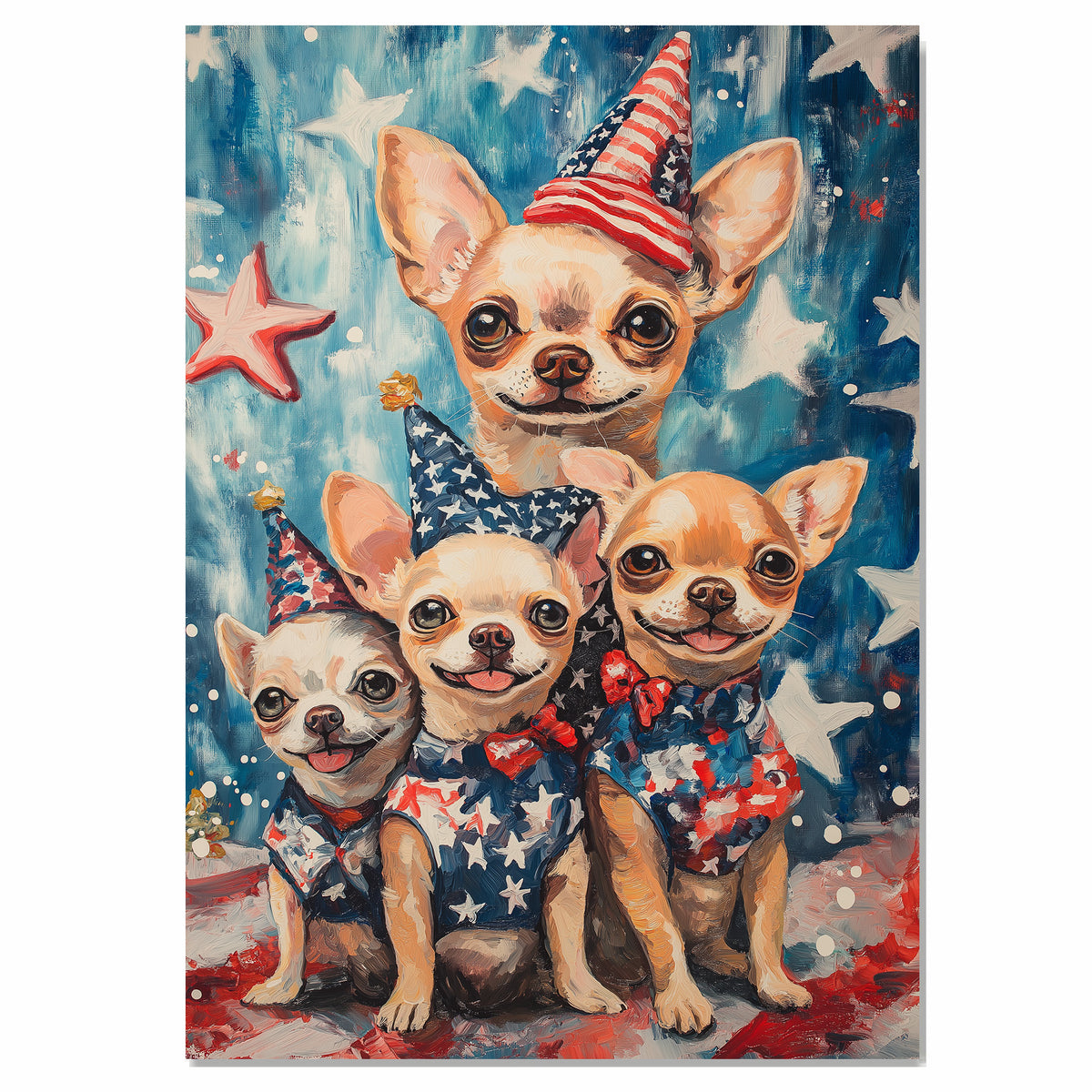 Patriotic Chihuahua Mom and Puppies with Bowties and Top Hats Against Starry American Flag Background on Ready to Hang 1.5" Thick Canvas Wrap, Floating Framed Canvas, Flat Rolled Canvas