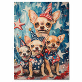Patriotic Chihuahua Mom and Puppies with Bowties and Top Hats Against Starry American Flag Background on Ready to Hang 1.5" Thick Canvas Wrap, Floating Framed Canvas, Flat Rolled Canvas