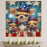 Chihuahua Mom and Puppies in Star-Spangled Outfits and Party Hats with Festive Blue and Red Background on Ready to Hang 1.5" Thick Canvas Wrap, Floating Framed Canvas, Flat Rolled Canvas