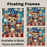 Chihuahua Mom and Puppies in Star-Spangled Outfits and Party Hats with Festive Blue and Red Background on Ready to Hang 1.5" Thick Canvas Wrap, Floating Framed Canvas, Flat Rolled Canvas