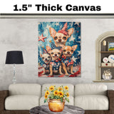 Patriotic Chihuahua Mom and Puppies with Bowties and Top Hats Against Starry American Flag Background on Ready to Hang 1.5" Thick Canvas Wrap, Floating Framed Canvas, Flat Rolled Canvas