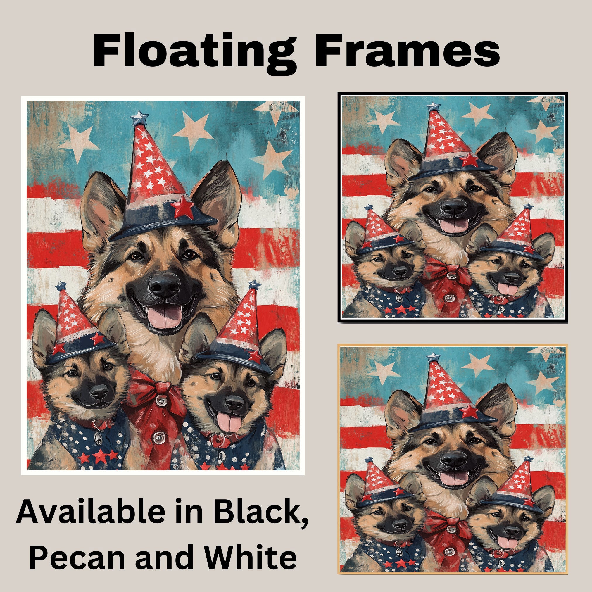 German Shepherd Mom and Puppies in Star-Spangled Outfits and Floral Patriotic Hats on Blue Starry Background on Ready to Hang 1.5" Thick Canvas Wrap, Floating Framed Canvas, Flat Rolled Canvas