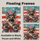 German Shepherd Mom and Puppies in Star-Spangled Outfits and Floral Patriotic Hats on Blue Starry Background on Ready to Hang 1.5" Thick Canvas Wrap, Floating Framed Canvas, Flat Rolled Canvas