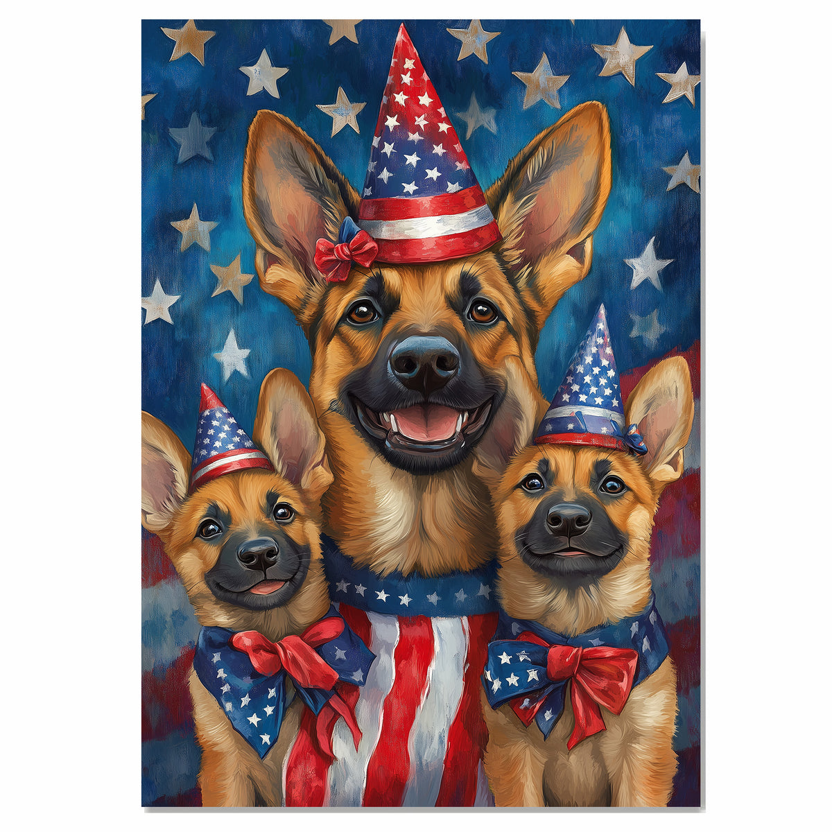 German Shepherd Mom and Puppies in Star-Studded Patriotic Hats with Flags and Red White Blue Celebration Background on Ready to Hang 1.5" Thick Canvas Wrap, Floating Framed Canvas, Flat Rolled Canvas