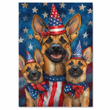 German Shepherd Mom and Puppies in Star-Studded Patriotic Hats with Flags and Red White Blue Celebration Background on Ready to Hang 1.5" Thick Canvas Wrap, Floating Framed Canvas, Flat Rolled Canvas