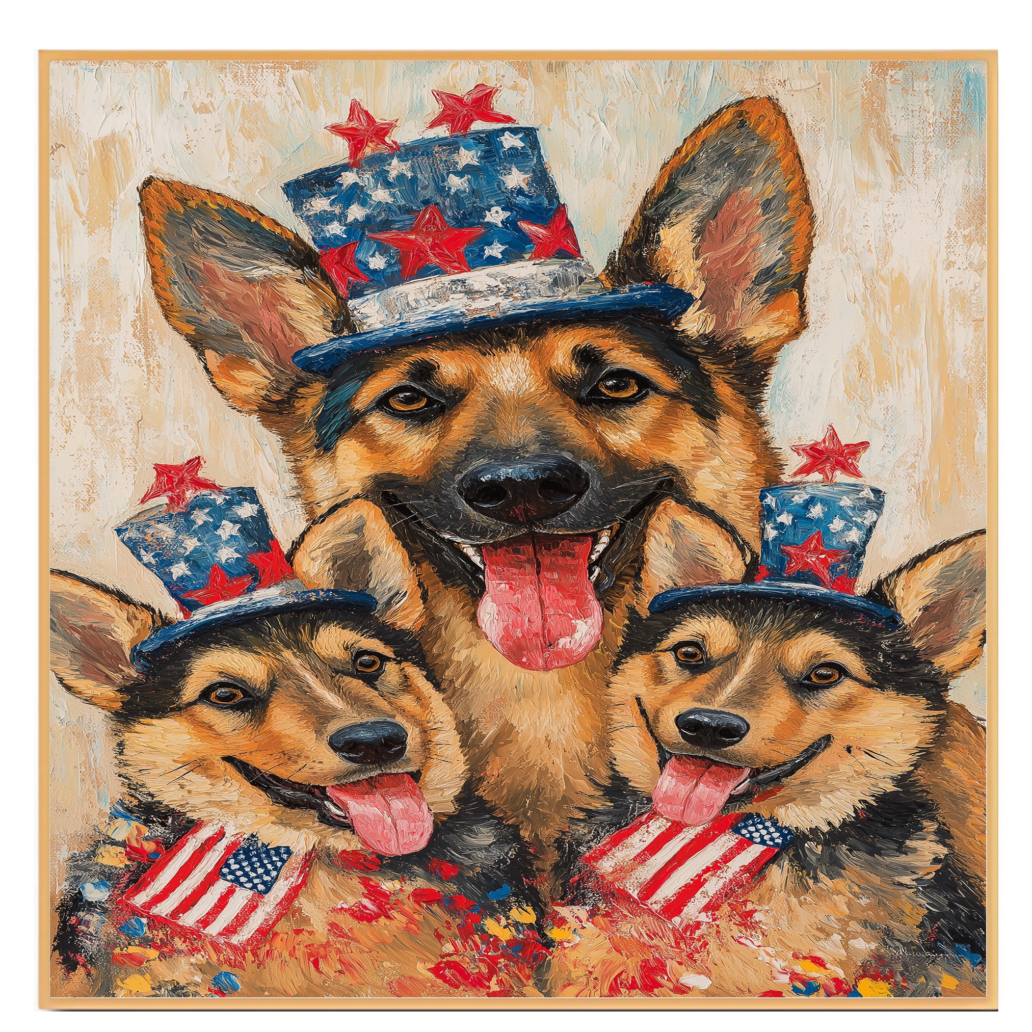 German Shepherd Mom and Puppies in Starry Patriotic Hats with Red Bowties and Distressed American Flag Background on Ready to Hang 1.5" Thick Canvas Wrap, Floating Framed Canvas, Flat Rolled Canvas