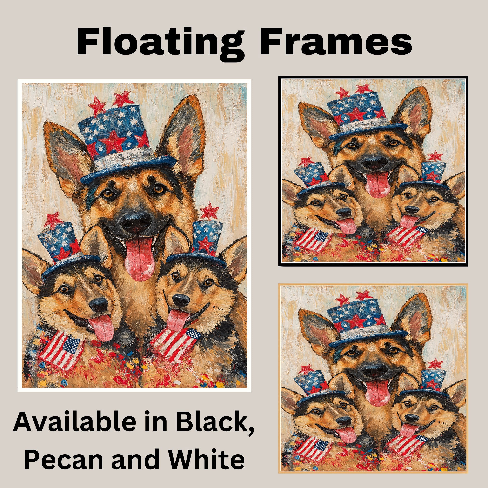 German Shepherd Mom and Puppies in Starry Patriotic Hats with Red Bowties and Distressed American Flag Background on Ready to Hang 1.5" Thick Canvas Wrap, Floating Framed Canvas, Flat Rolled Canvas