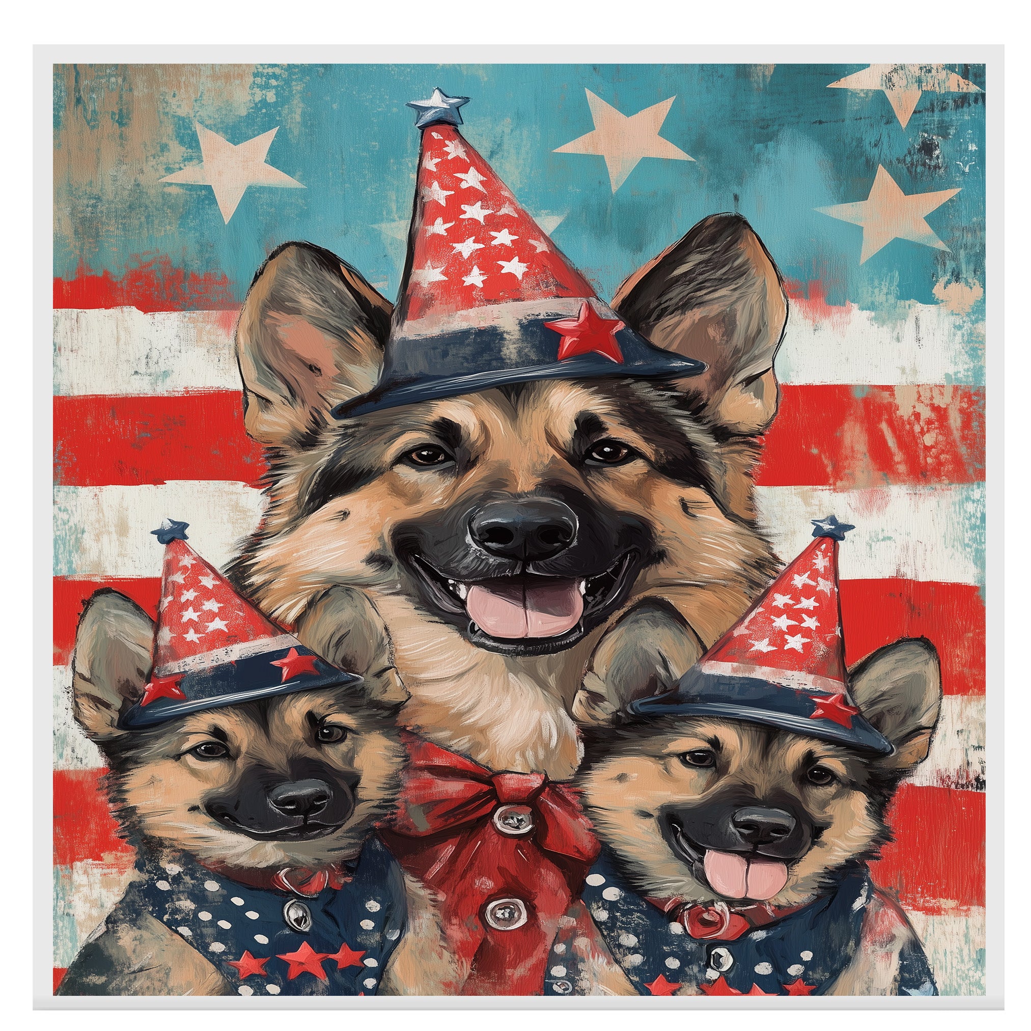 German Shepherd Mom and Puppies in Star-Spangled Outfits and Floral Patriotic Hats on Blue Starry Background on Ready to Hang 1.5" Thick Canvas Wrap, Floating Framed Canvas, Flat Rolled Canvas