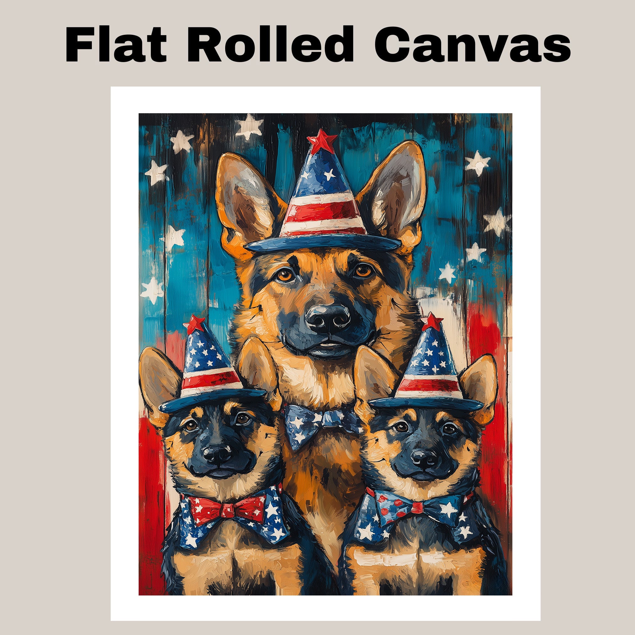 German Shepherd Mom and Puppies in Patriotic Party Hats and Bowties with American Flag Background in Bold Colors on Ready to Hang 1.5" Thick Canvas Wrap, Floating Framed Canvas, Flat Rolled Canvas