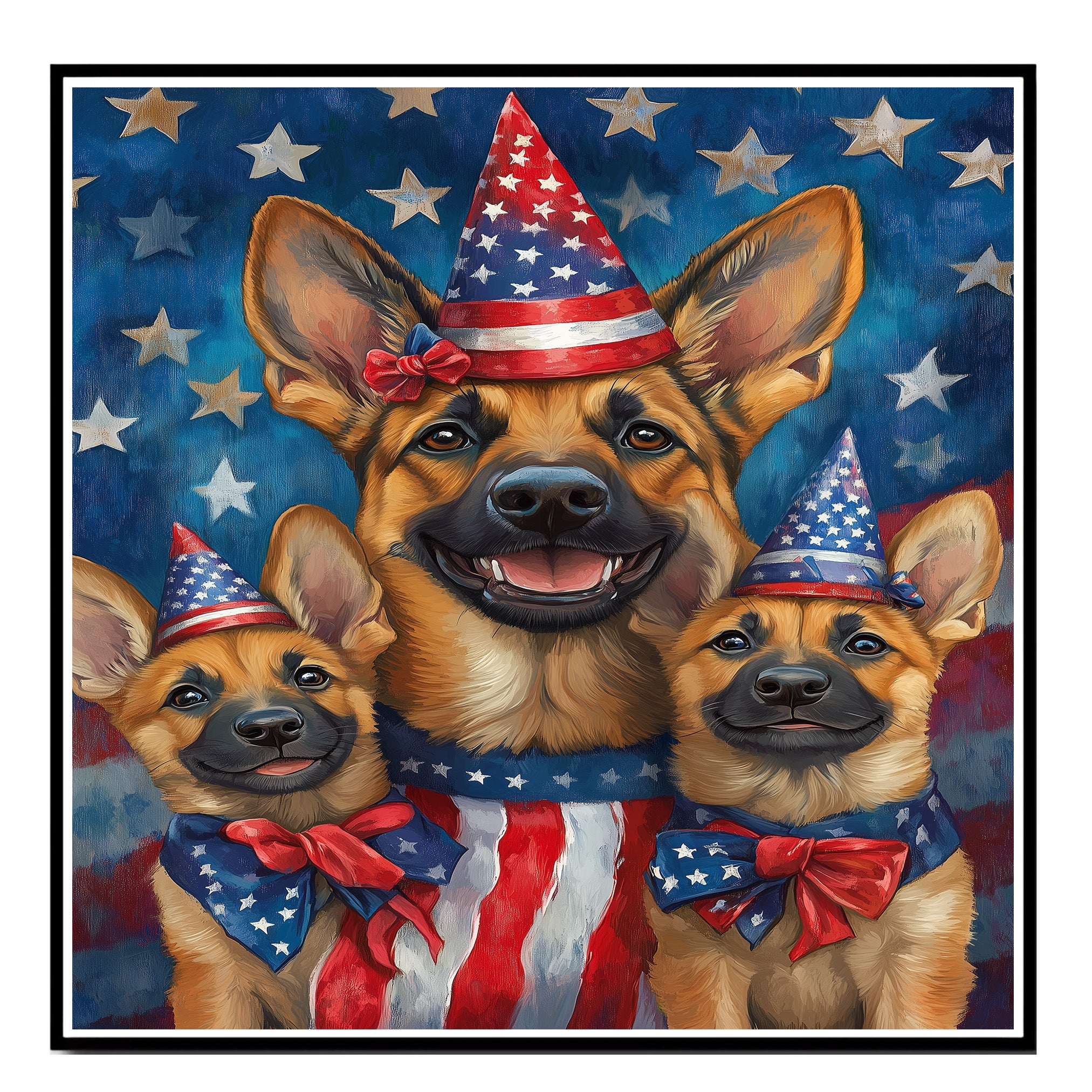German Shepherd Mom and Puppies in Star-Studded Patriotic Hats with Flags and Red White Blue Celebration Background on Ready to Hang 1.5" Thick Canvas Wrap, Floating Framed Canvas, Flat Rolled Canvas