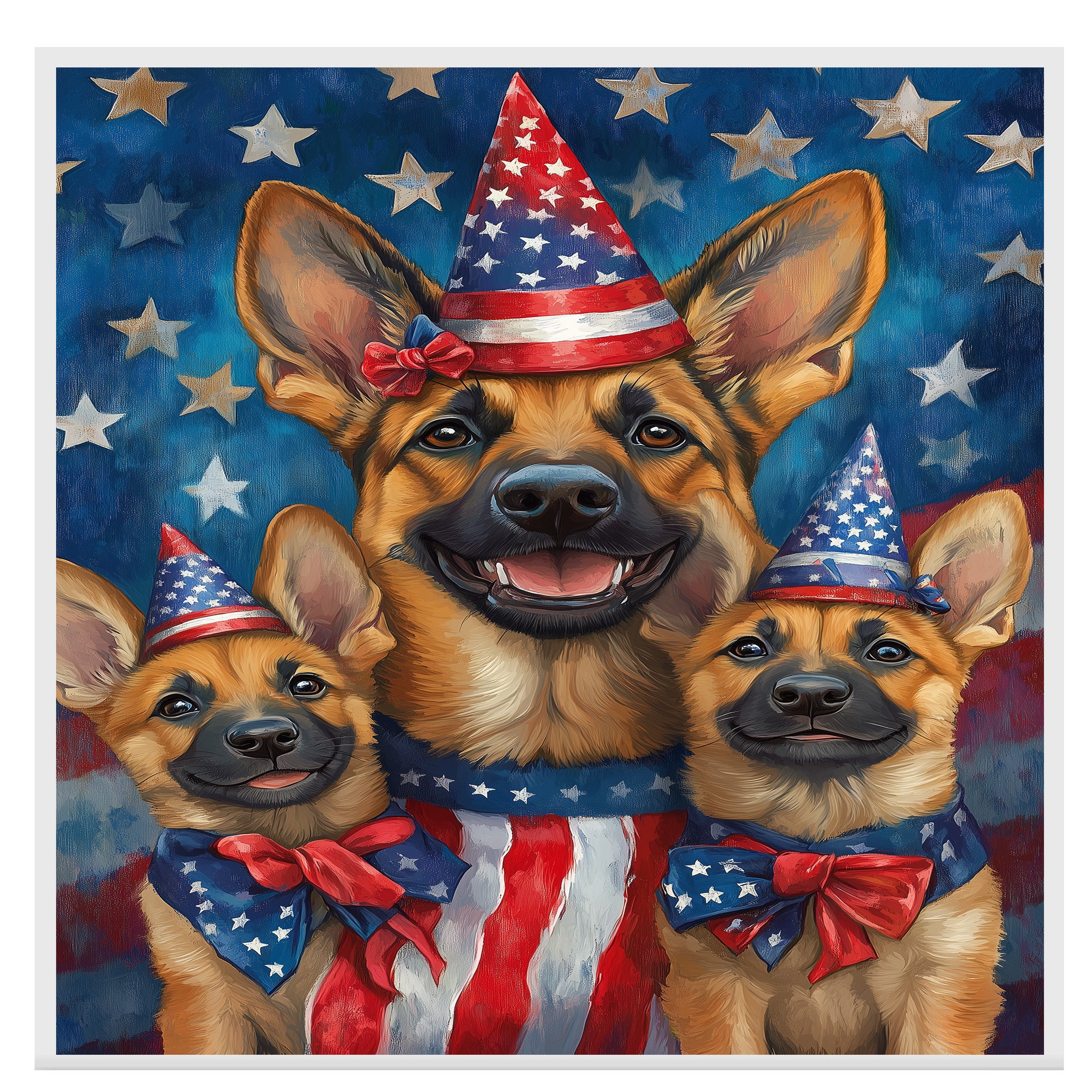 German Shepherd Mom and Puppies in Star-Studded Patriotic Hats with Flags and Red White Blue Celebration Background on Ready to Hang 1.5" Thick Canvas Wrap, Floating Framed Canvas, Flat Rolled Canvas