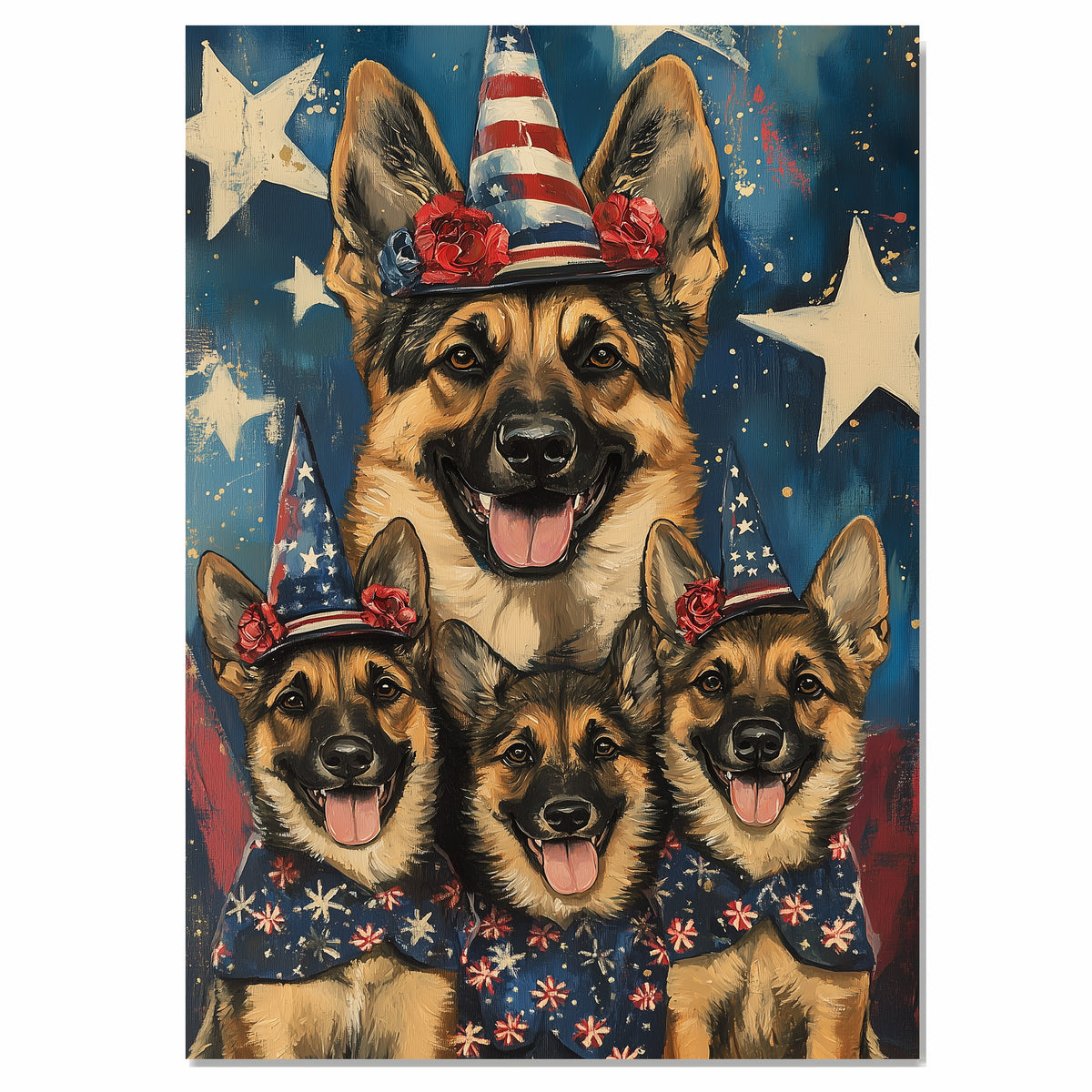 German Shepherd Mother and Puppies in Patriotic Hats and Bows with Starry Background and American Flag Outfits on Ready to Hang 1.5" Thick Canvas Wrap, Floating Framed Canvas, Flat Rolled Canvas