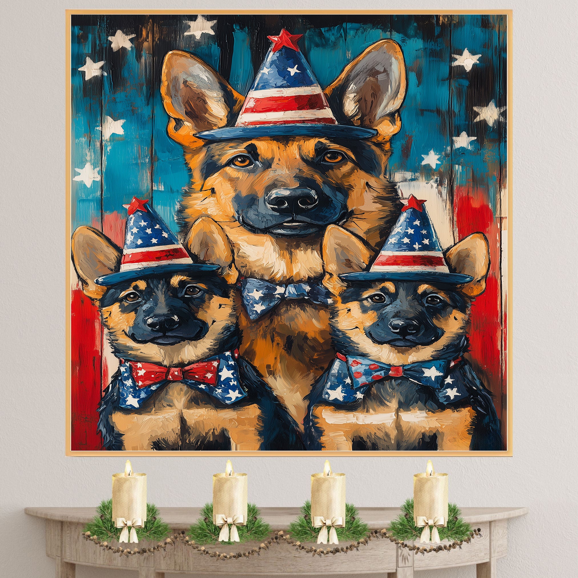 German Shepherd Mom and Puppies in Patriotic Party Hats and Bowties with American Flag Background in Bold Colors on Ready to Hang 1.5" Thick Canvas Wrap, Floating Framed Canvas, Flat Rolled Canvas
