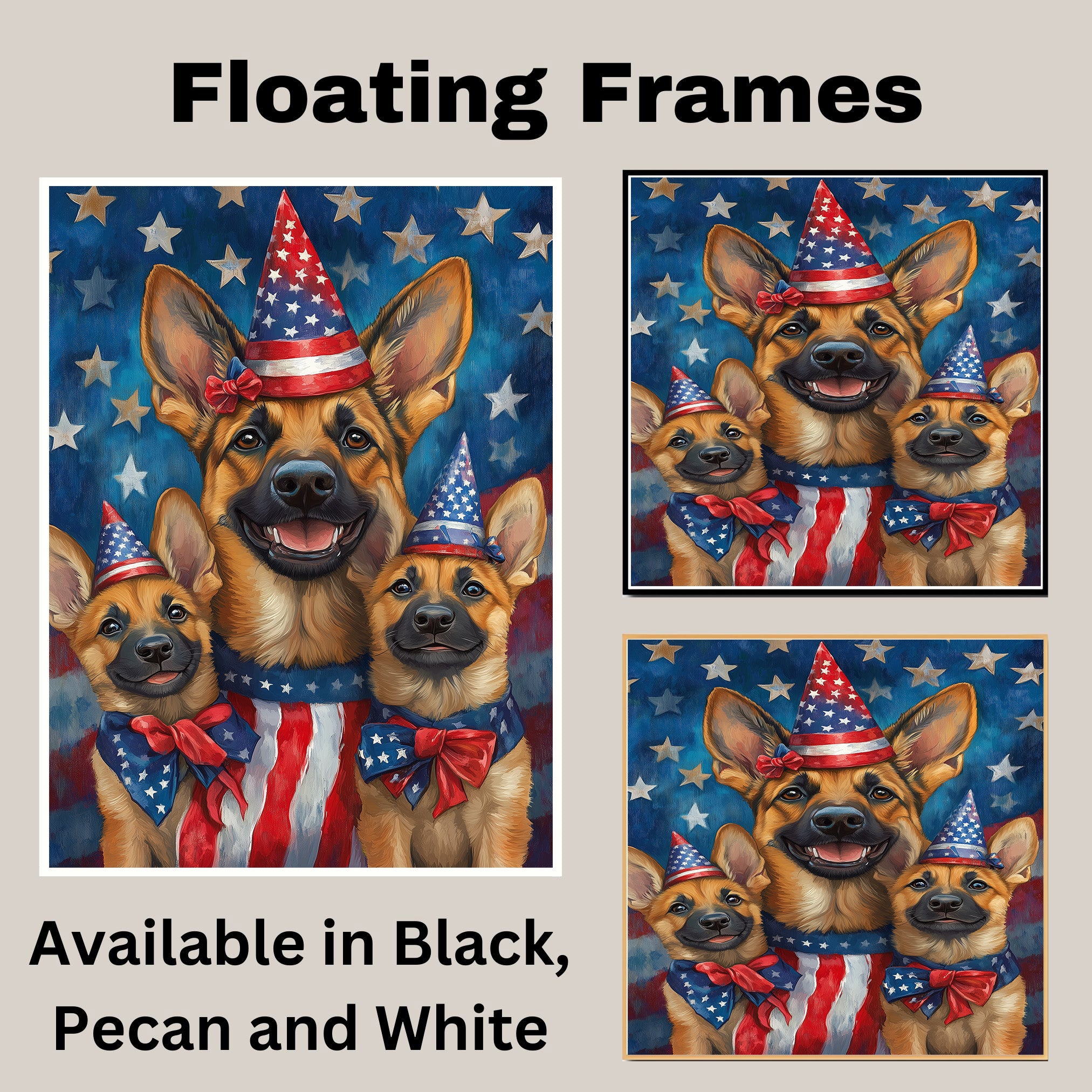 German Shepherd Mom and Puppies in Star-Studded Patriotic Hats with Flags and Red White Blue Celebration Background on Ready to Hang 1.5" Thick Canvas Wrap, Floating Framed Canvas, Flat Rolled Canvas
