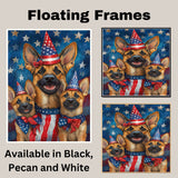 German Shepherd Mom and Puppies in Star-Studded Patriotic Hats with Flags and Red White Blue Celebration Background on Ready to Hang 1.5" Thick Canvas Wrap, Floating Framed Canvas, Flat Rolled Canvas