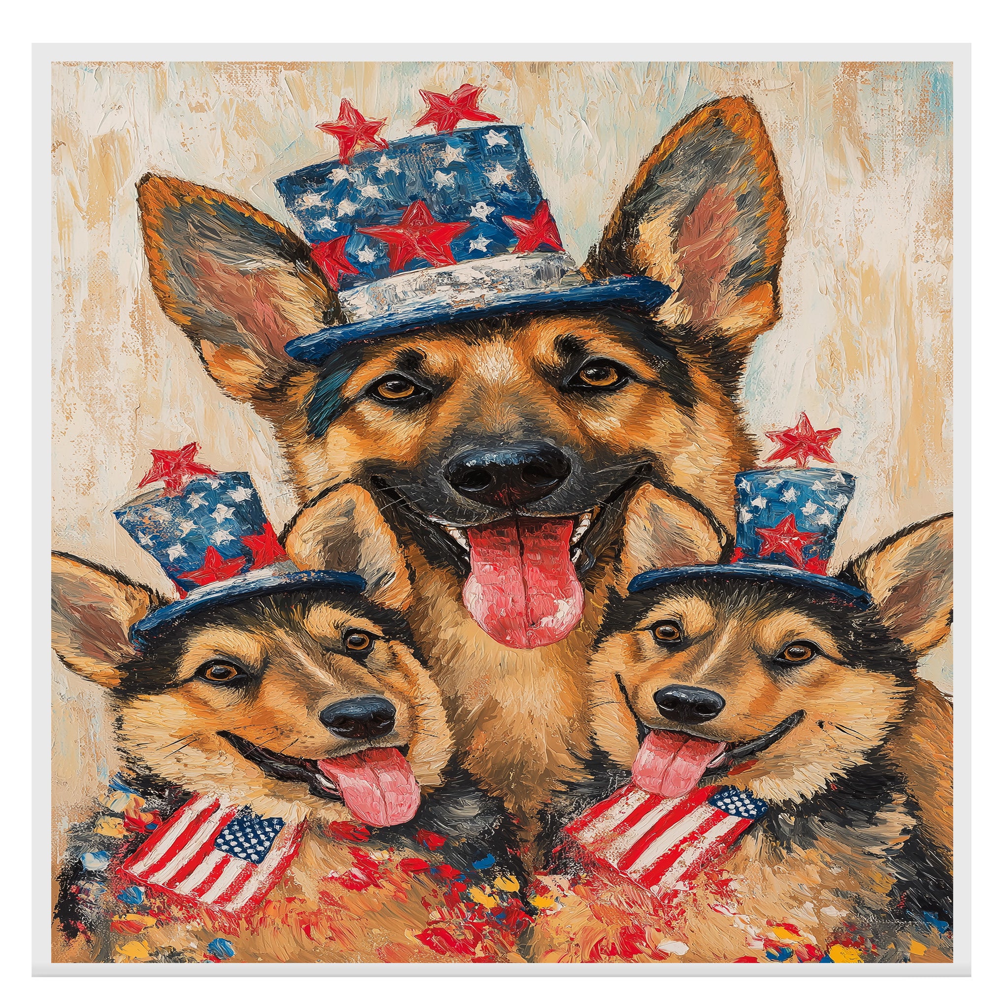German Shepherd Mom and Puppies in Starry Patriotic Hats with Red Bowties and Distressed American Flag Background on Ready to Hang 1.5" Thick Canvas Wrap, Floating Framed Canvas, Flat Rolled Canvas