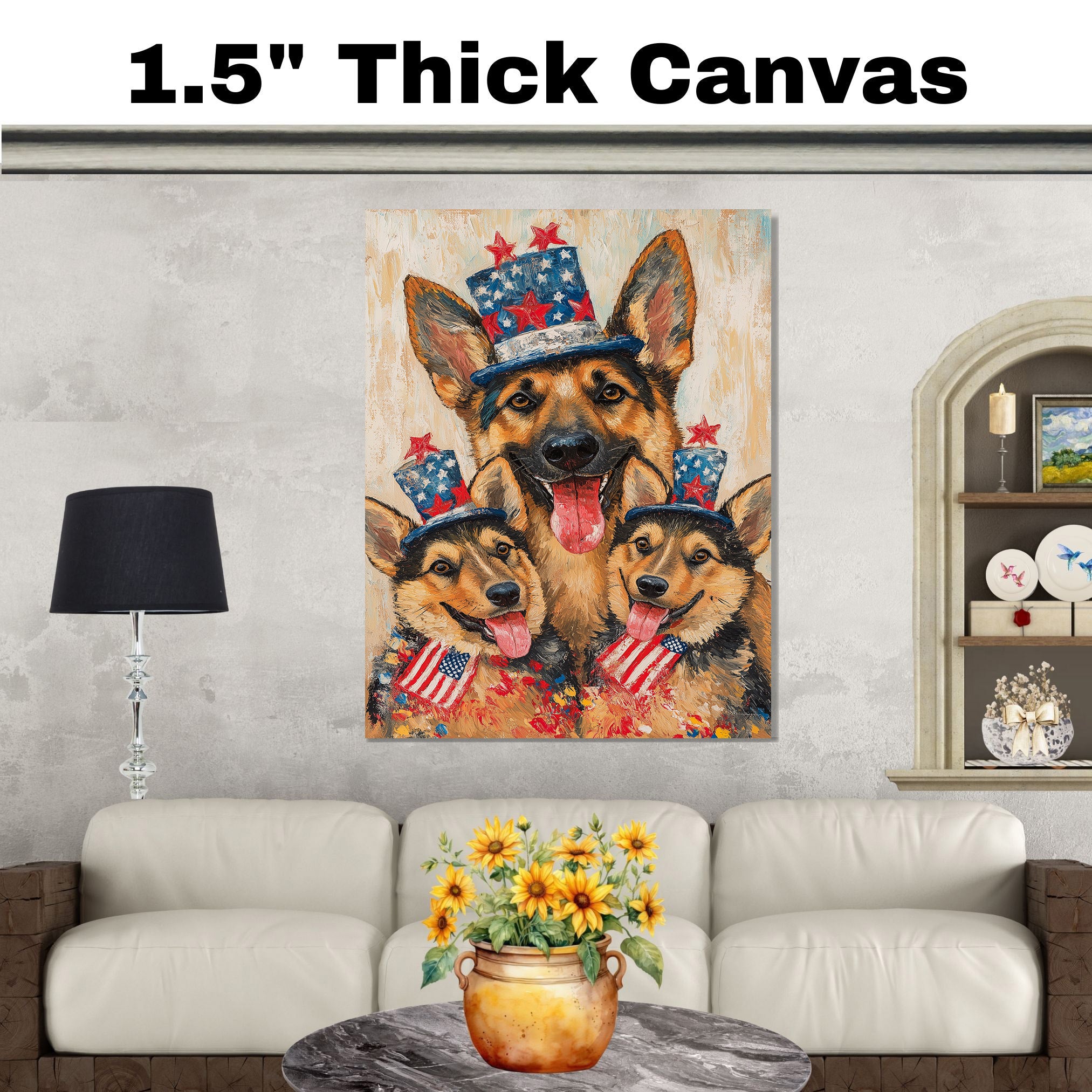 German Shepherd Mom and Puppies in Starry Patriotic Hats with Red Bowties and Distressed American Flag Background on Ready to Hang 1.5" Thick Canvas Wrap, Floating Framed Canvas, Flat Rolled Canvas