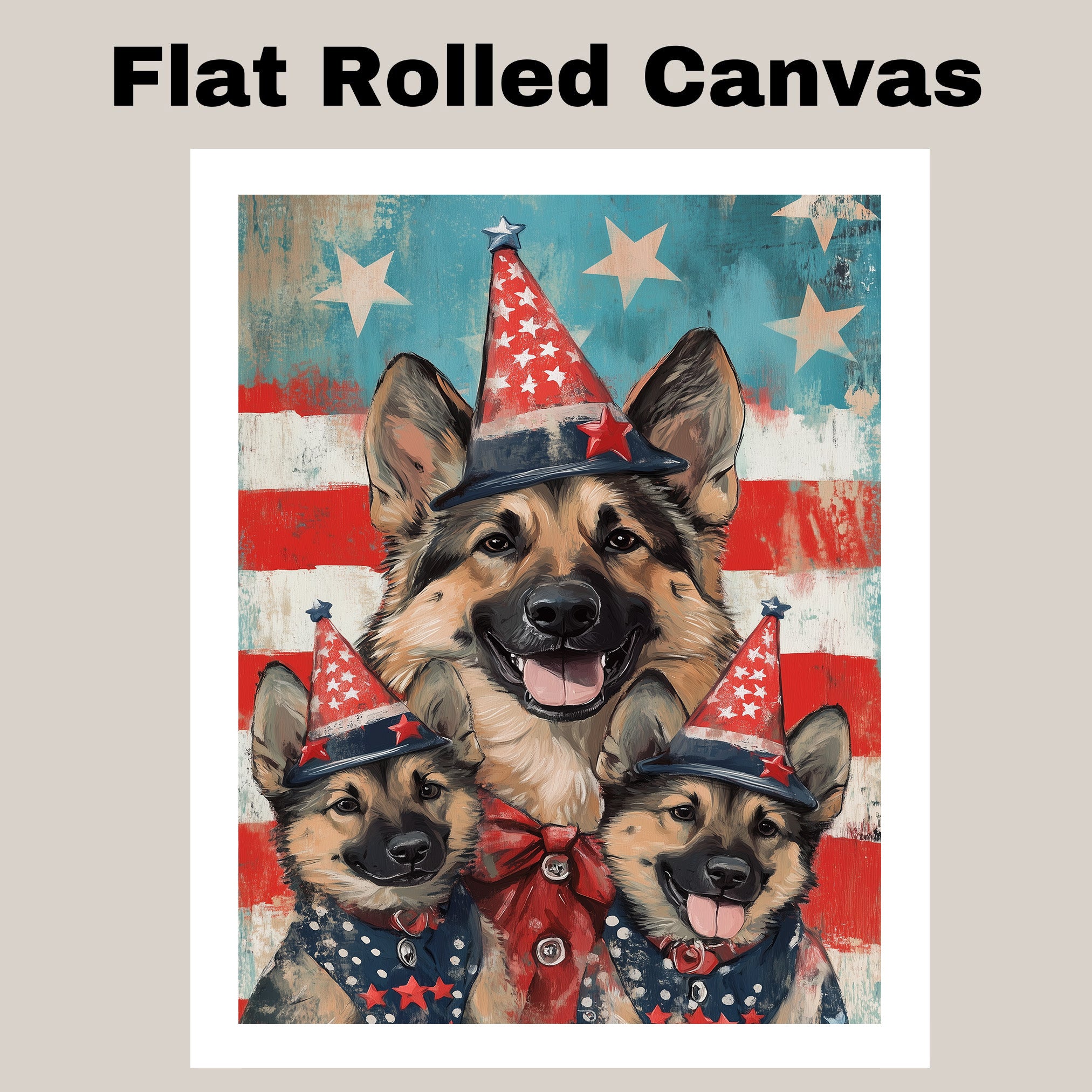 German Shepherd Mom and Puppies in Star-Spangled Outfits and Floral Patriotic Hats on Blue Starry Background on Ready to Hang 1.5" Thick Canvas Wrap, Floating Framed Canvas, Flat Rolled Canvas