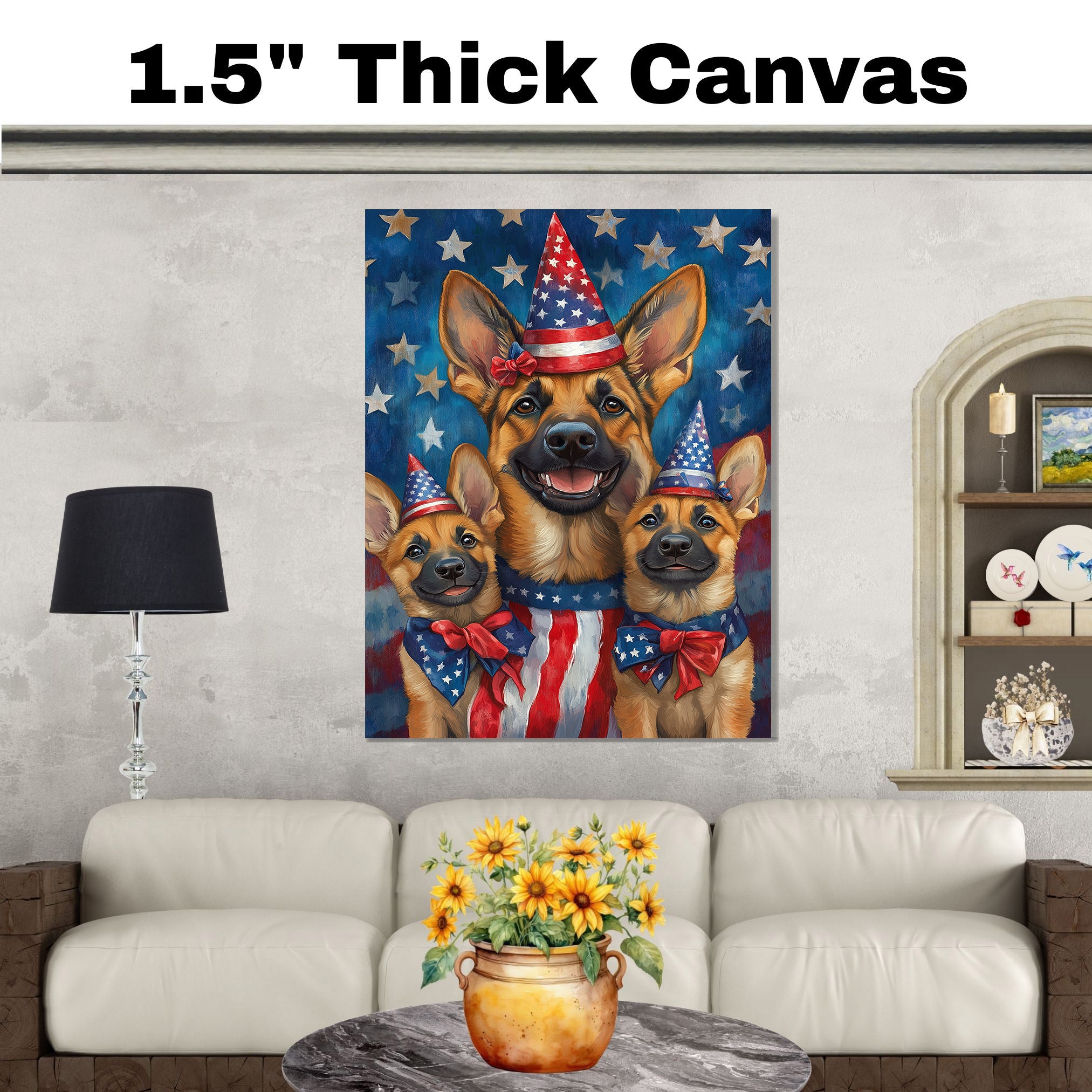 German Shepherd Mom and Puppies in Star-Studded Patriotic Hats with Flags and Red White Blue Celebration Background on Ready to Hang 1.5" Thick Canvas Wrap, Floating Framed Canvas, Flat Rolled Canvas