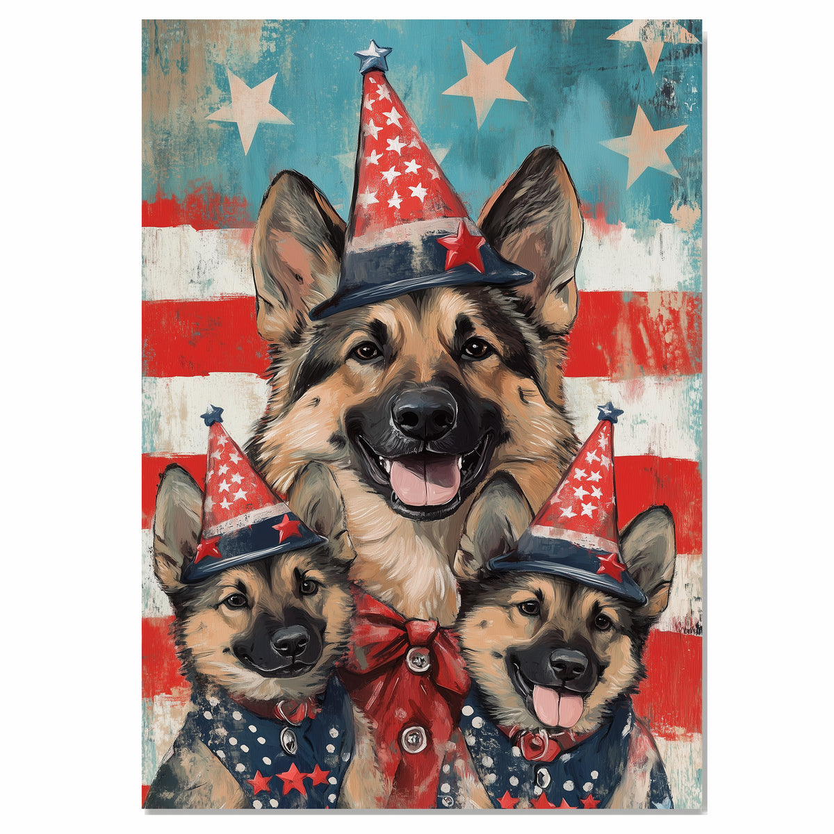German Shepherd Mom and Puppies in Star-Spangled Outfits and Floral Patriotic Hats on Blue Starry Background on Ready to Hang 1.5" Thick Canvas Wrap, Floating Framed Canvas, Flat Rolled Canvas