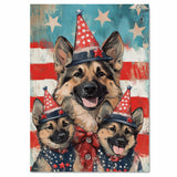 German Shepherd Mom and Puppies in Star-Spangled Outfits and Floral Patriotic Hats on Blue Starry Background on Ready to Hang 1.5" Thick Canvas Wrap, Floating Framed Canvas, Flat Rolled Canvas