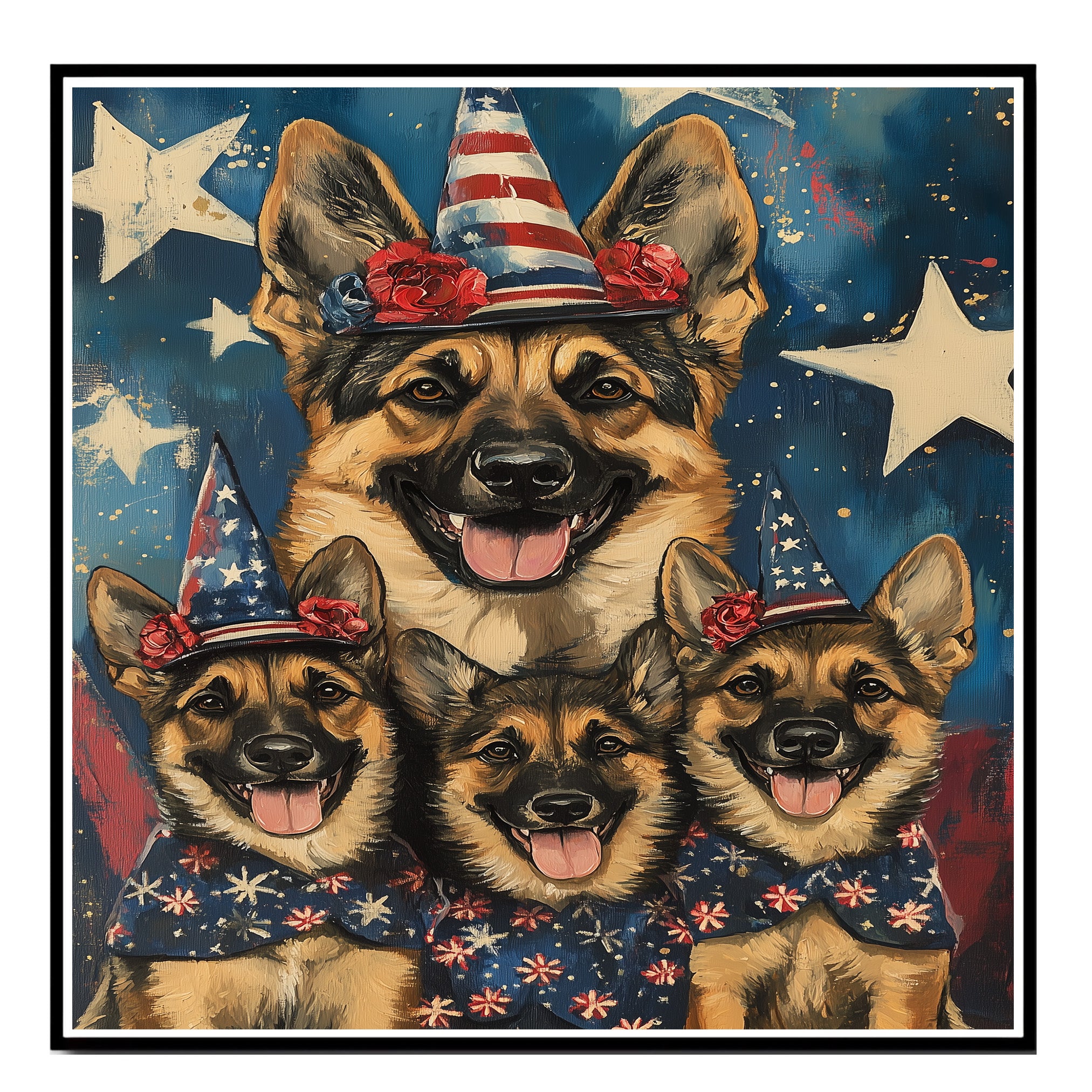 German Shepherd Mother and Puppies in Patriotic Hats and Bows with Starry Background and American Flag Outfits on Ready to Hang 1.5" Thick Canvas Wrap, Floating Framed Canvas, Flat Rolled Canvas