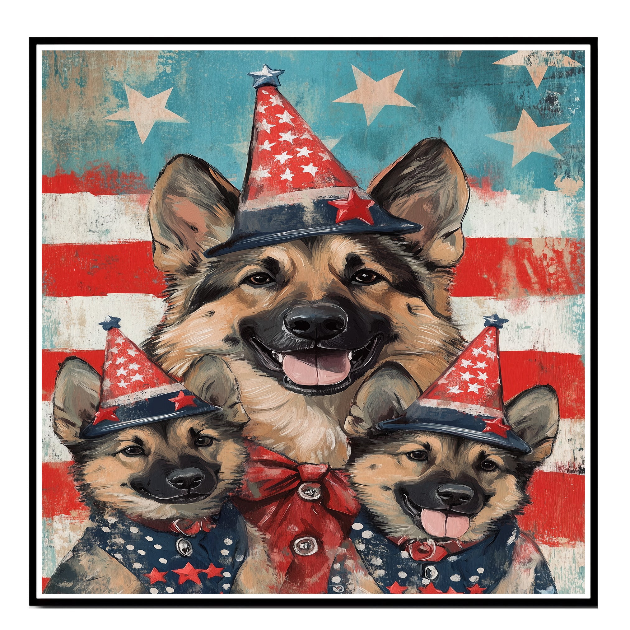 German Shepherd Mom and Puppies in Star-Spangled Outfits and Floral Patriotic Hats on Blue Starry Background on Ready to Hang 1.5" Thick Canvas Wrap, Floating Framed Canvas, Flat Rolled Canvas
