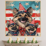 German Shepherd Mom and Puppies in Star-Spangled Outfits and Floral Patriotic Hats on Blue Starry Background on Ready to Hang 1.5" Thick Canvas Wrap, Floating Framed Canvas, Flat Rolled Canvas