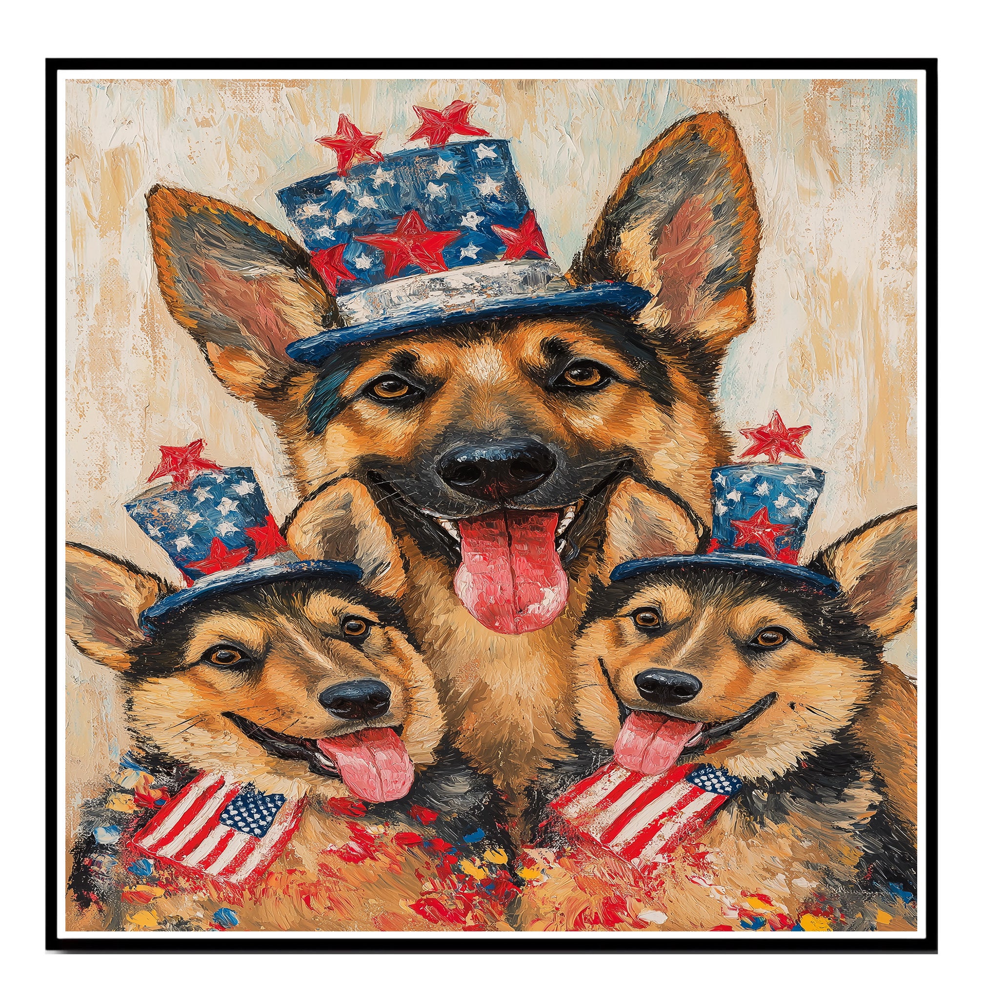 German Shepherd Mom and Puppies in Starry Patriotic Hats with Red Bowties and Distressed American Flag Background on Ready to Hang 1.5" Thick Canvas Wrap, Floating Framed Canvas, Flat Rolled Canvas