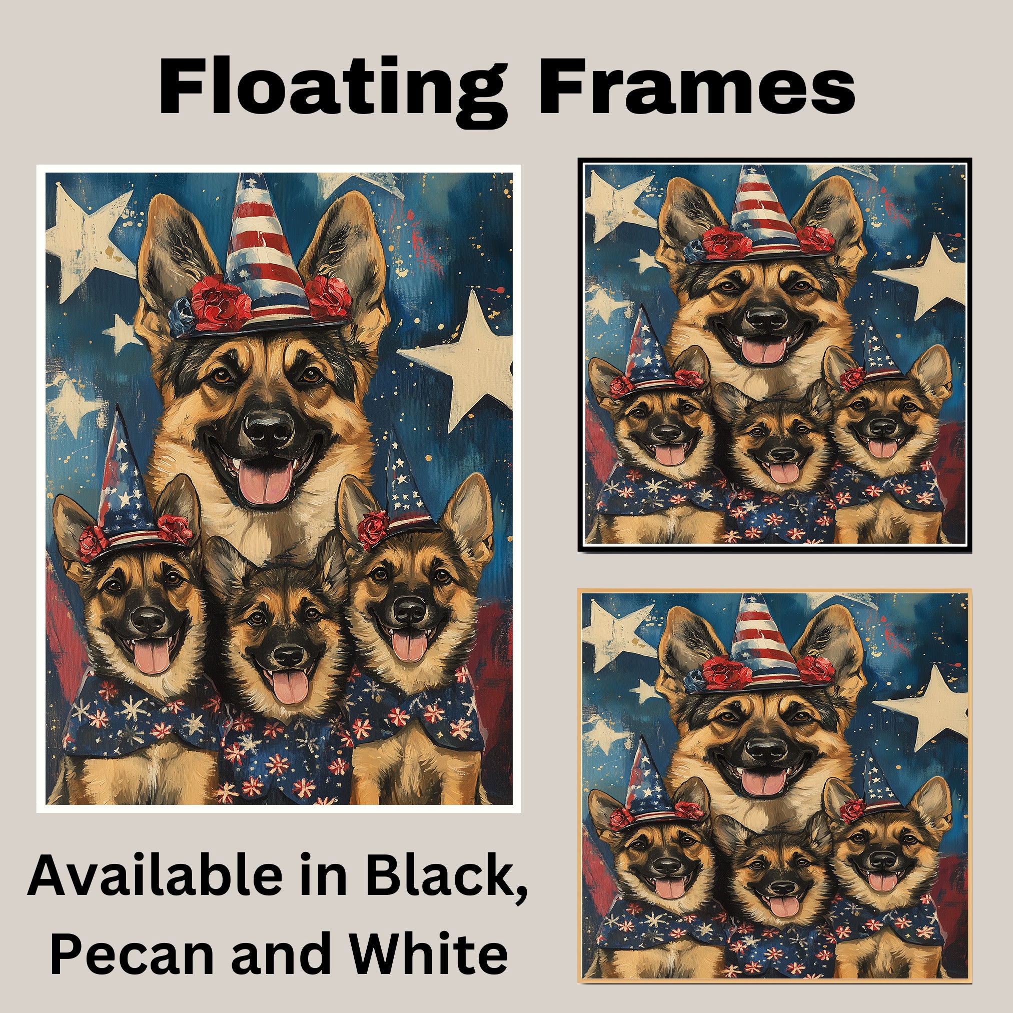 German Shepherd Mother and Puppies in Patriotic Hats and Bows with Starry Background and American Flag Outfits on Ready to Hang 1.5" Thick Canvas Wrap, Floating Framed Canvas, Flat Rolled Canvas