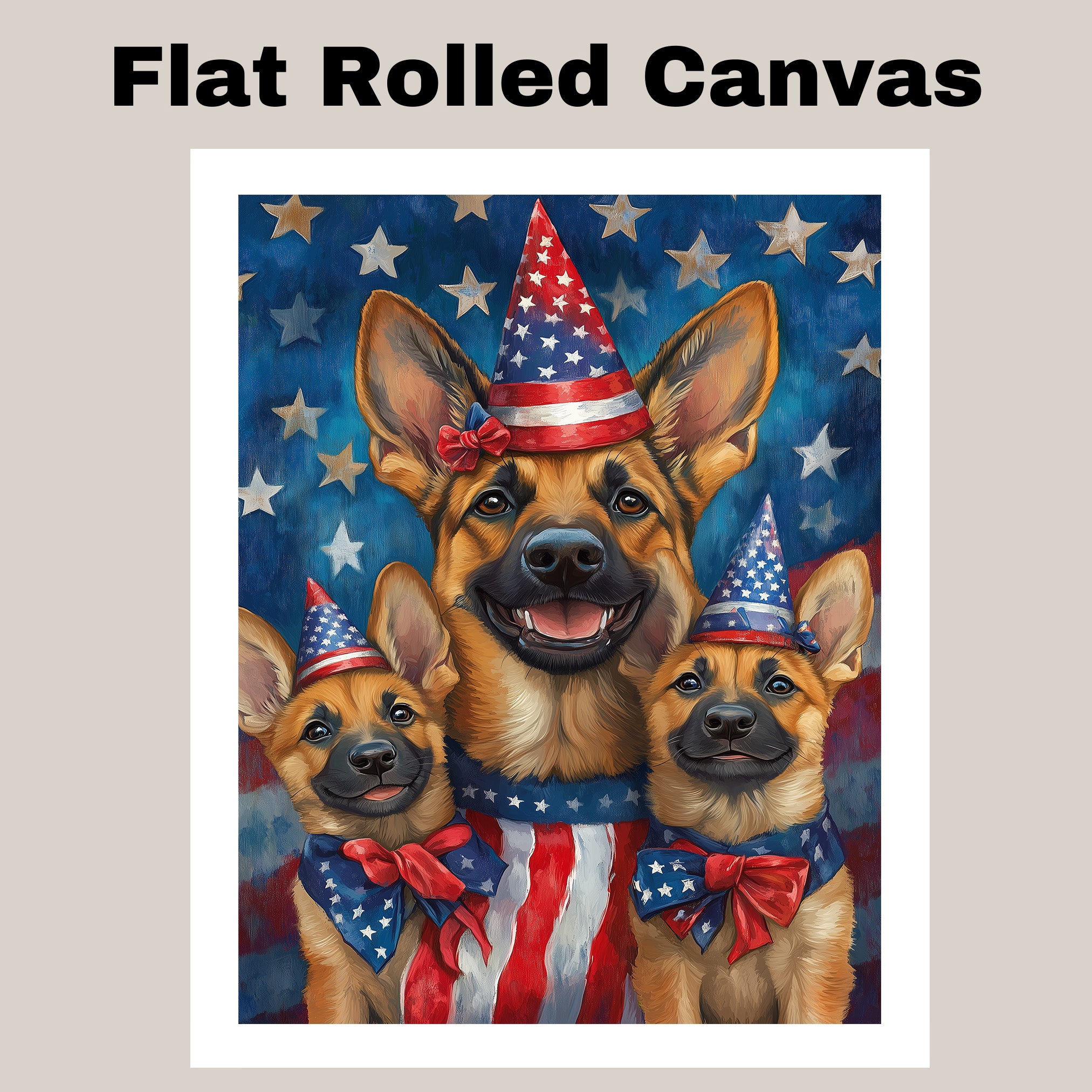 German Shepherd Mom and Puppies in Star-Studded Patriotic Hats with Flags and Red White Blue Celebration Background on Ready to Hang 1.5" Thick Canvas Wrap, Floating Framed Canvas, Flat Rolled Canvas