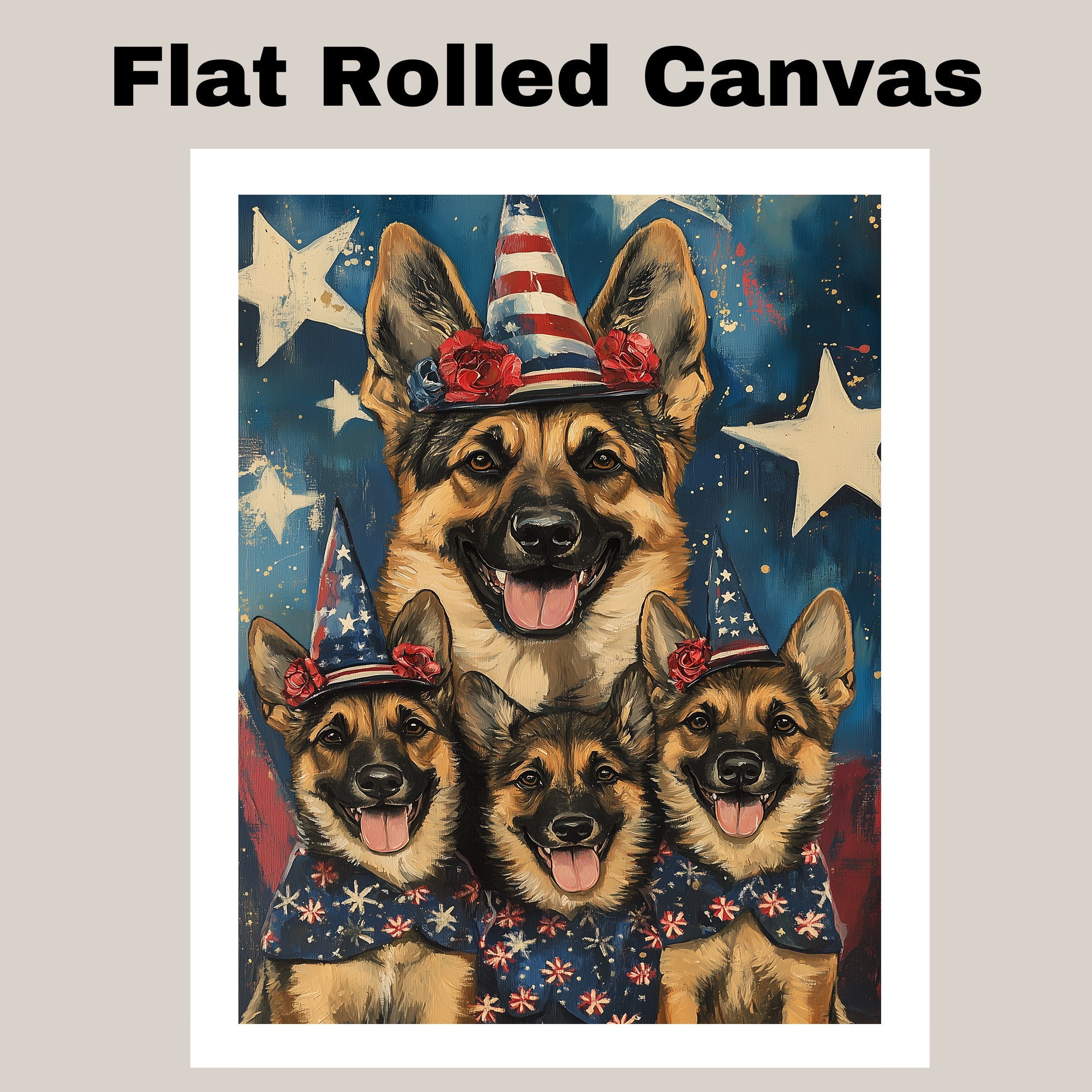 German Shepherd Mother and Puppies in Patriotic Hats and Bows with Starry Background and American Flag Outfits on Ready to Hang 1.5" Thick Canvas Wrap, Floating Framed Canvas, Flat Rolled Canvas