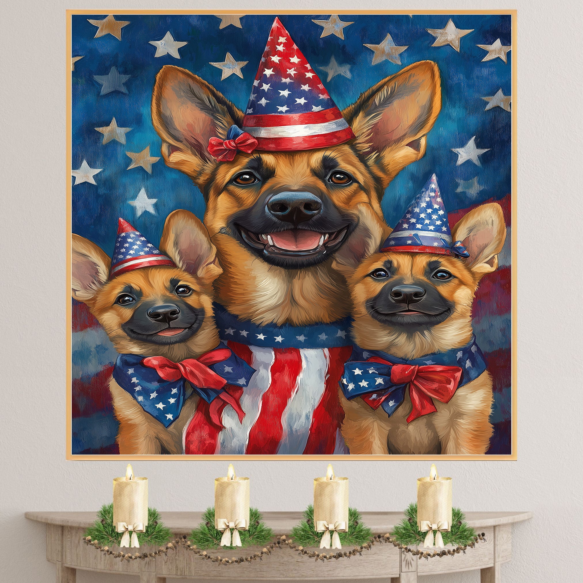 German Shepherd Mom and Puppies in Star-Studded Patriotic Hats with Flags and Red White Blue Celebration Background on Ready to Hang 1.5" Thick Canvas Wrap, Floating Framed Canvas, Flat Rolled Canvas