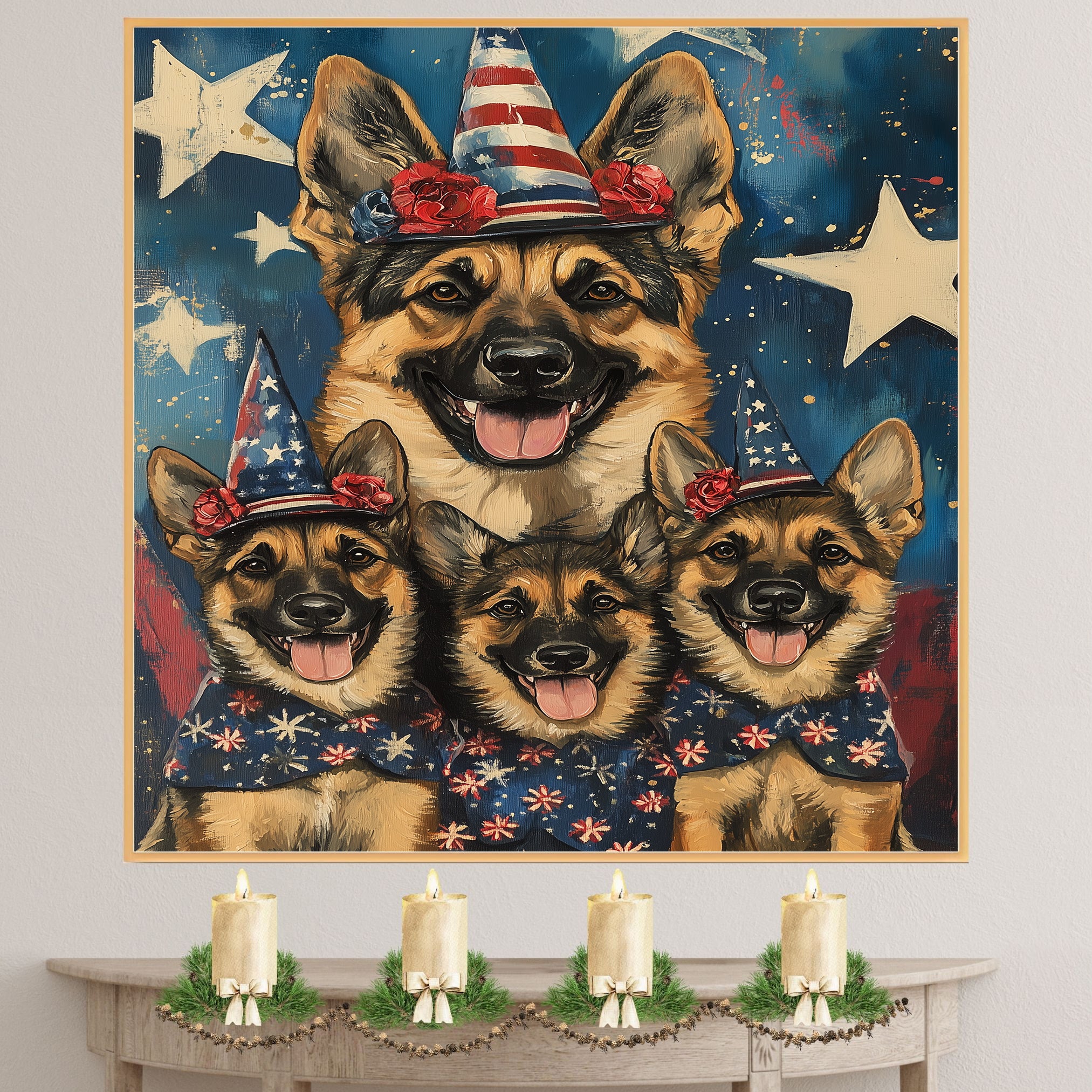 German Shepherd Mother and Puppies in Patriotic Hats and Bows with Starry Background and American Flag Outfits on Ready to Hang 1.5" Thick Canvas Wrap, Floating Framed Canvas, Flat Rolled Canvas