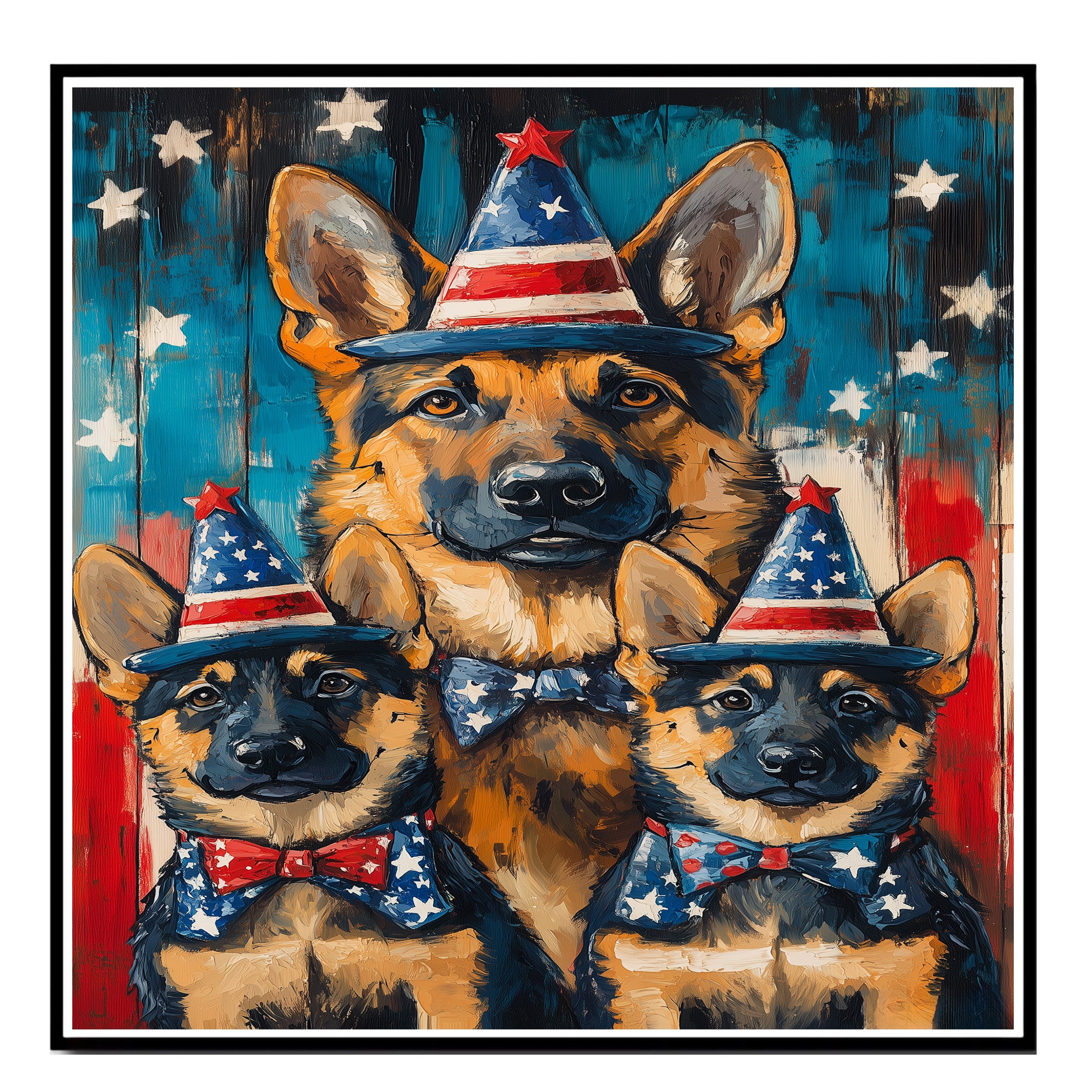 German Shepherd Mom and Puppies in Patriotic Party Hats and Bowties with American Flag Background in Bold Colors on Ready to Hang 1.5" Thick Canvas Wrap, Floating Framed Canvas, Flat Rolled Canvas