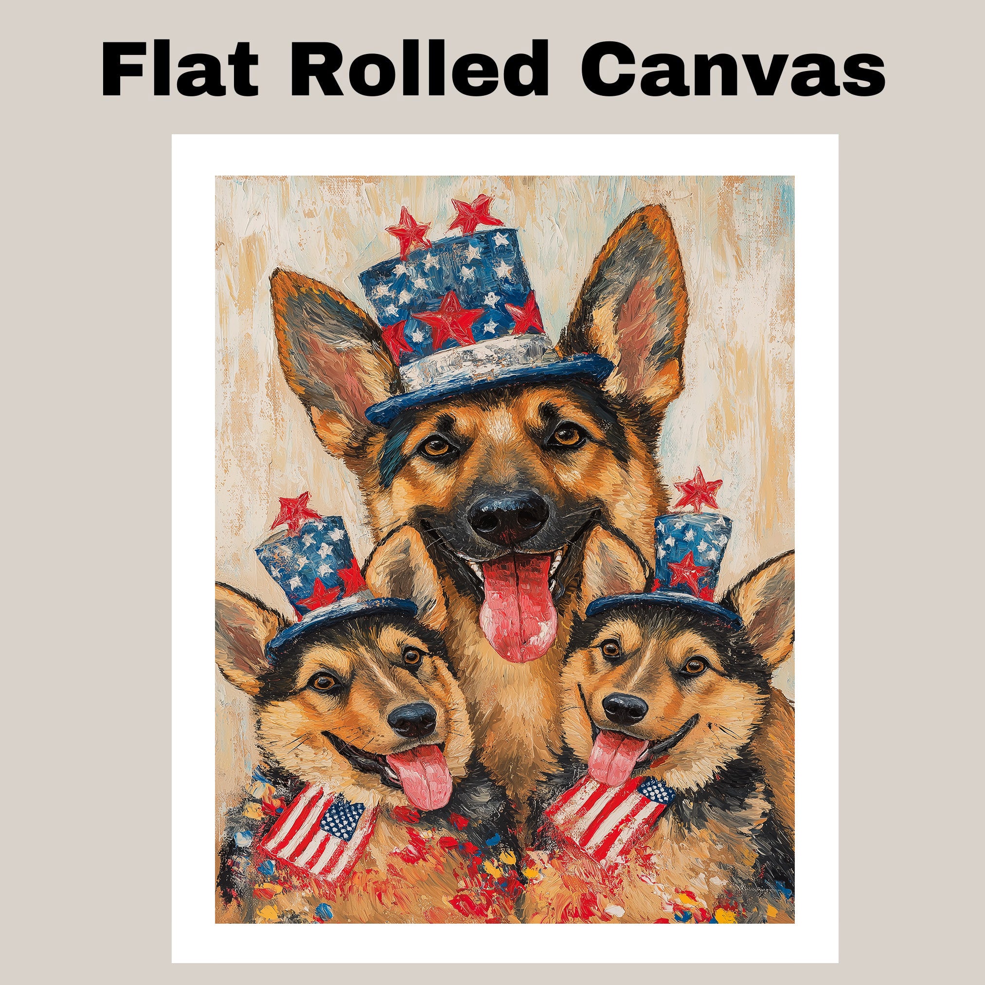 German Shepherd Mom and Puppies in Starry Patriotic Hats with Red Bowties and Distressed American Flag Background on Ready to Hang 1.5" Thick Canvas Wrap, Floating Framed Canvas, Flat Rolled Canvas