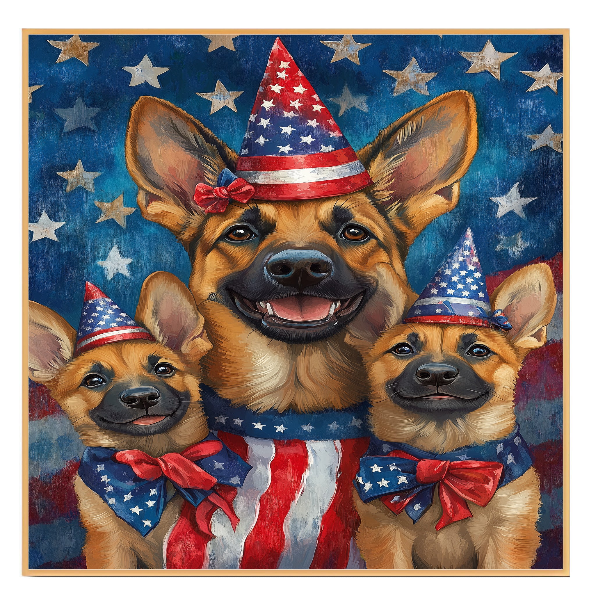 German Shepherd Mom and Puppies in Star-Studded Patriotic Hats with Flags and Red White Blue Celebration Background on Ready to Hang 1.5" Thick Canvas Wrap, Floating Framed Canvas, Flat Rolled Canvas