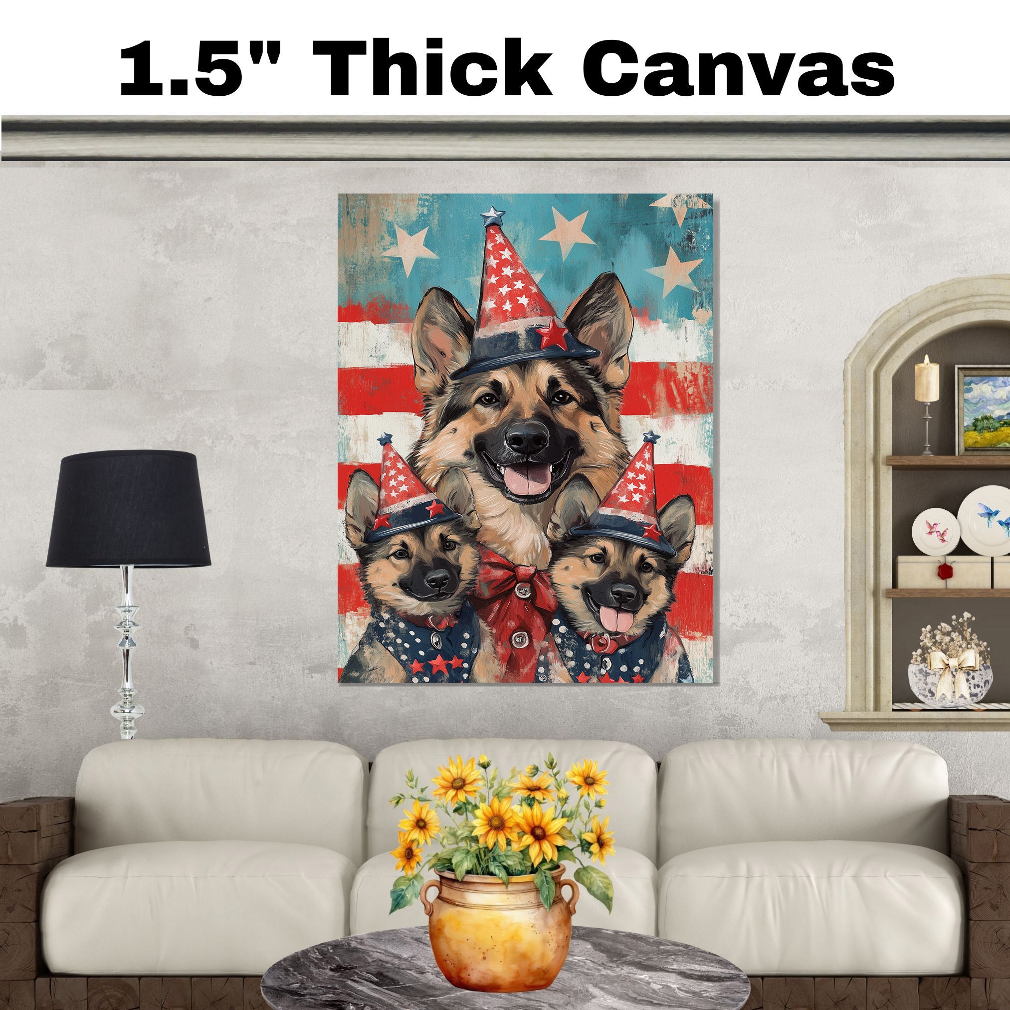 German Shepherd Mom and Puppies in Star-Spangled Outfits and Floral Patriotic Hats on Blue Starry Background on Ready to Hang 1.5" Thick Canvas Wrap, Floating Framed Canvas, Flat Rolled Canvas
