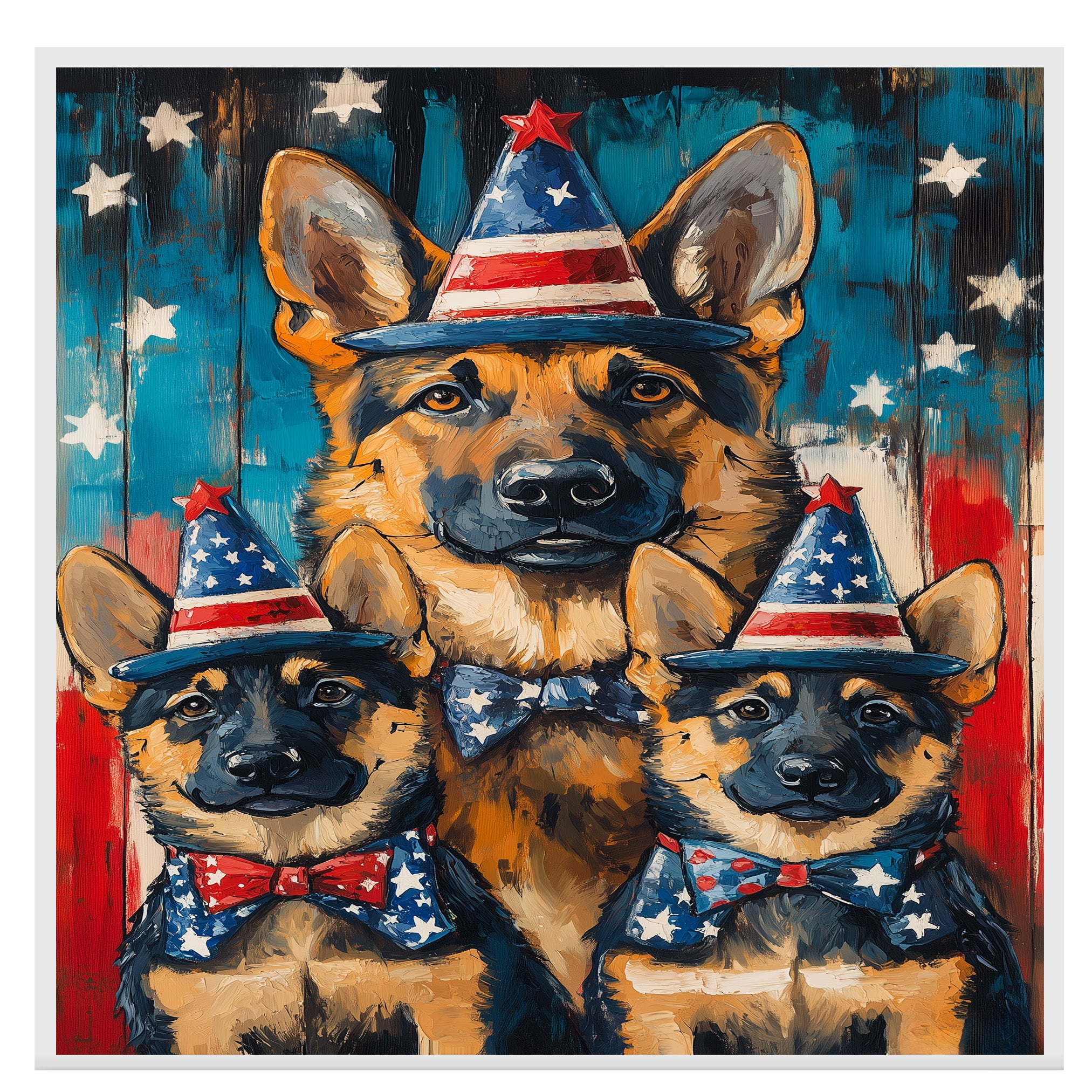 German Shepherd Mom and Puppies in Patriotic Party Hats and Bowties with American Flag Background in Bold Colors on Ready to Hang 1.5" Thick Canvas Wrap, Floating Framed Canvas, Flat Rolled Canvas