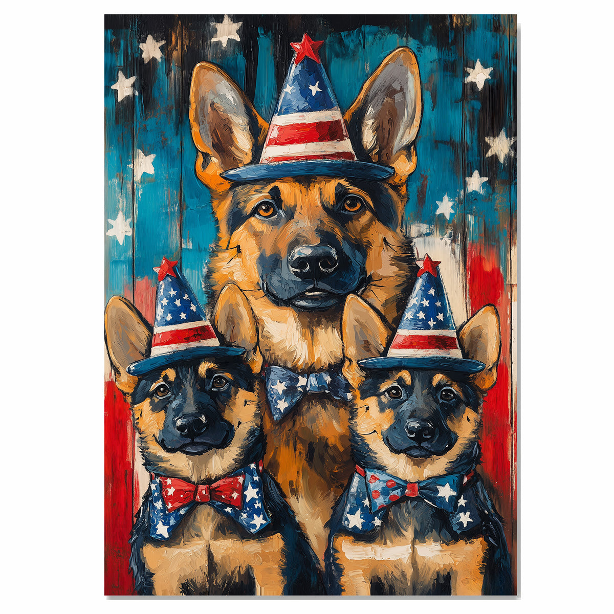 German Shepherd Mom and Puppies in Patriotic Party Hats and Bowties with American Flag Background in Bold Colors on Ready to Hang 1.5" Thick Canvas Wrap, Floating Framed Canvas, Flat Rolled Canvas
