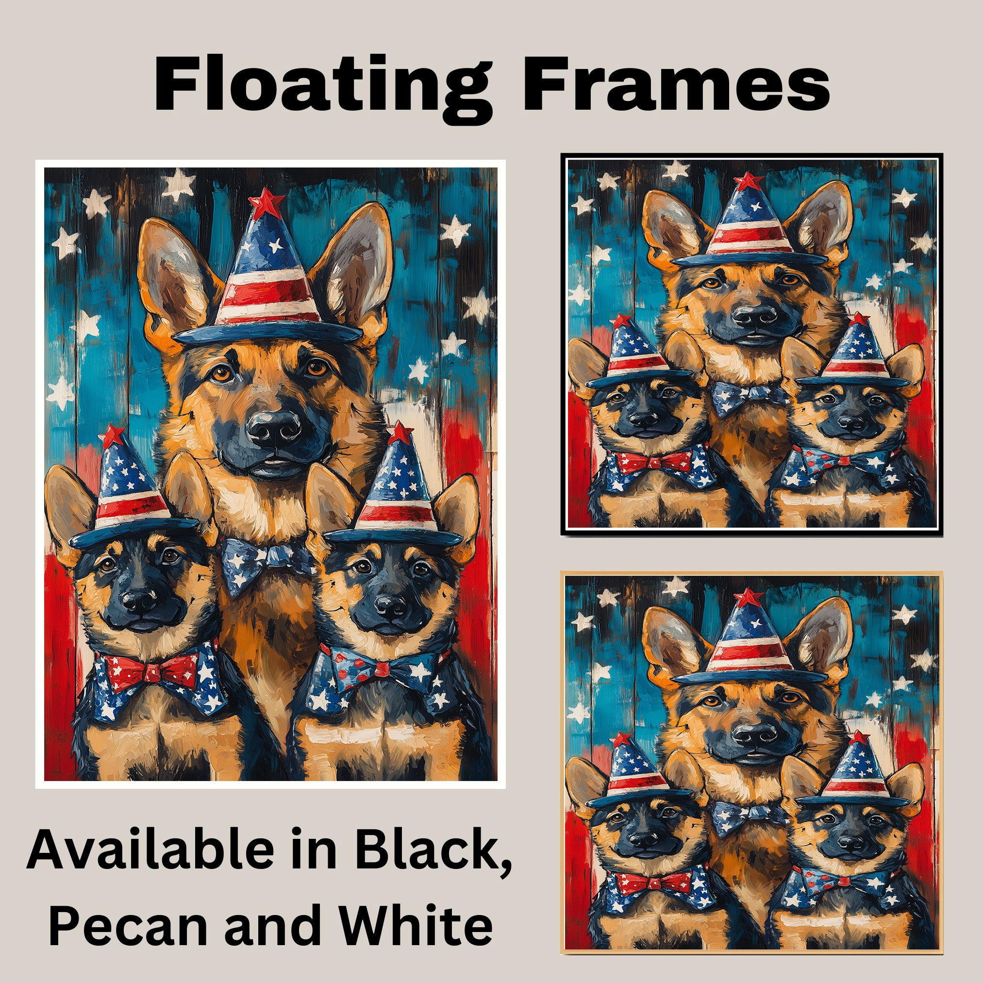 German Shepherd Mom and Puppies in Patriotic Party Hats and Bowties with American Flag Background in Bold Colors on Ready to Hang 1.5" Thick Canvas Wrap, Floating Framed Canvas, Flat Rolled Canvas
