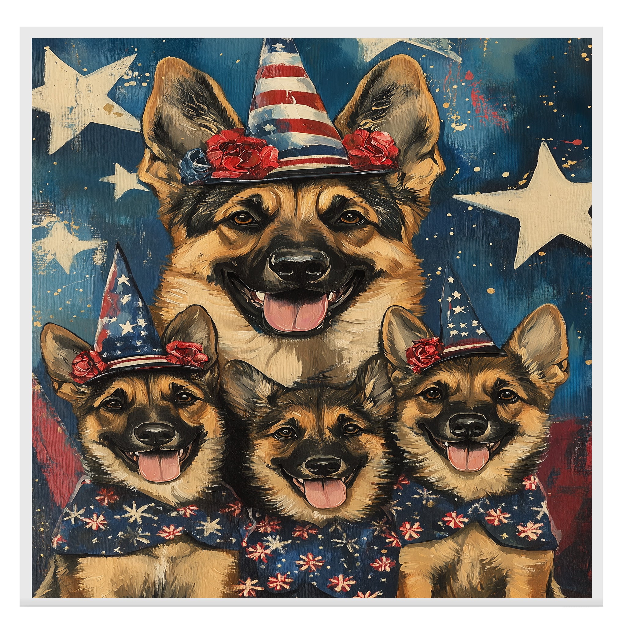 German Shepherd Mother and Puppies in Patriotic Hats and Bows with Starry Background and American Flag Outfits on Ready to Hang 1.5" Thick Canvas Wrap, Floating Framed Canvas, Flat Rolled Canvas