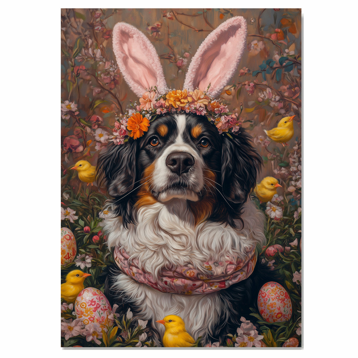 Springtime Festivities: Bernese Mountain Dog Showcasing a Cheerful Easter Costume on Ready to Hang 1.5" Thick Canvas Wrap, Floating Framed Canvas, Flat Rolled Canvas
